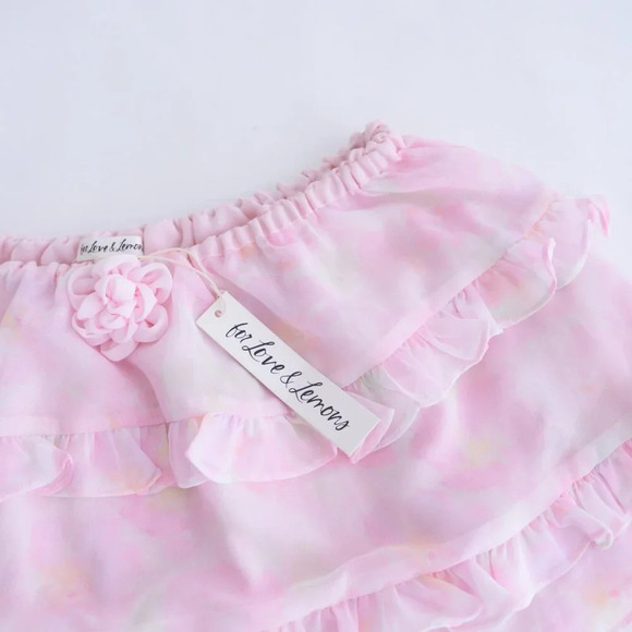 For Love And Lemons Pink  & Cream Floral Ariana Layered Ruffle Mini Skirt S - Picture 7 of 10